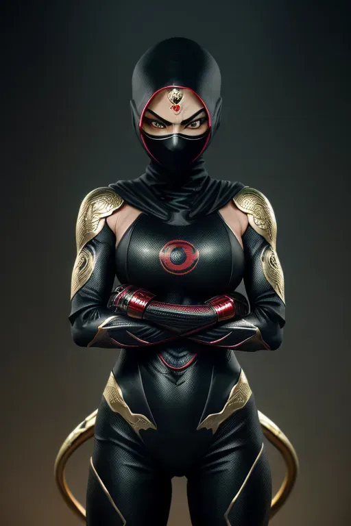 a realistic photography of, <Cobra Ninja>, 1girl, mysterious character, (((waering full black ninja suit with a red cobra symbol))), (((face covered by suit))), egyptian green eyes, small tonic body, ((handling a gold ninja star)), at the cobra temple, portrait, best of the best quality shot