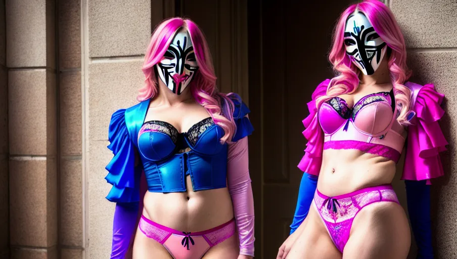 A gorgeous transgender woman (m2f) wearing the classic v for vendetta anonymous mask her full body in the image, lots of pink and blue, vibrant, vivid, art, realistic, fantasy, HDR, 32K, romantic, high heels, panties, lingerie, sexy, beautiful, female perfection, nudity