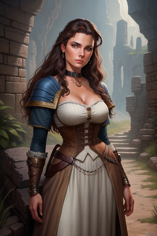a young lady with a slave collar, rags for clothing, heroic fantasy setting, rendered as a painting in the style of Larry Elmore, detailed accurate face, pretty face