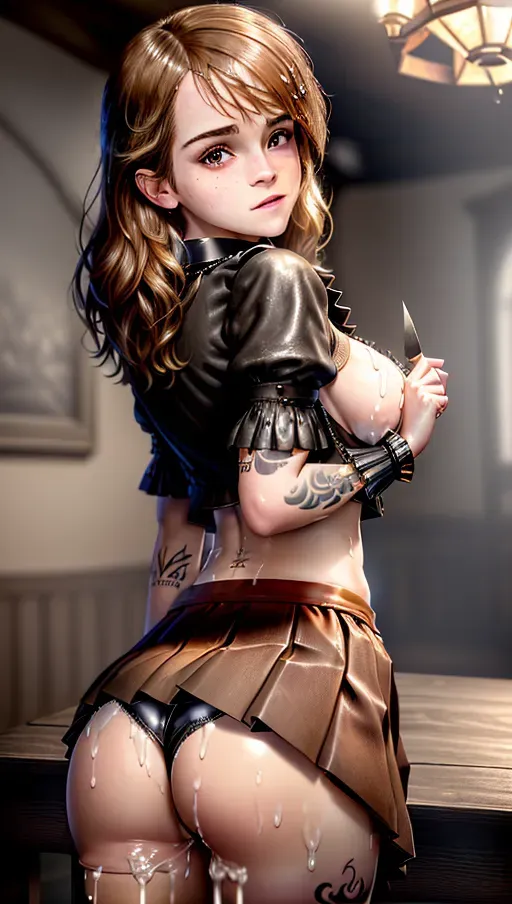 4k, beautiful, high resolution, masterpiece, realistic lighting, ((candlelit dinner with emma watson)), ((looking at viewer over shoulder)), wooden table, realistic anatomy, ((empty placesettings)), dark background, tavern, ((standing behind table serving)), ((slave collar)), photorealistic face, ((very thin leather breastband), ((very short knife pleated skirt)), ((navel piercing)), ((tattoo on left arm)), clothing on, demur, ((butt slightly visible below skirt)), ((a cup breasts)), <dpmg_face_cum_v1>, ((cum on skirt and butt))