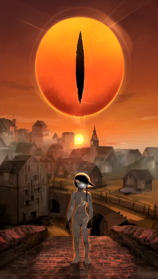 ((the sun in the sky has a thin black oval inside it)),
(The village beneath is on fire),
