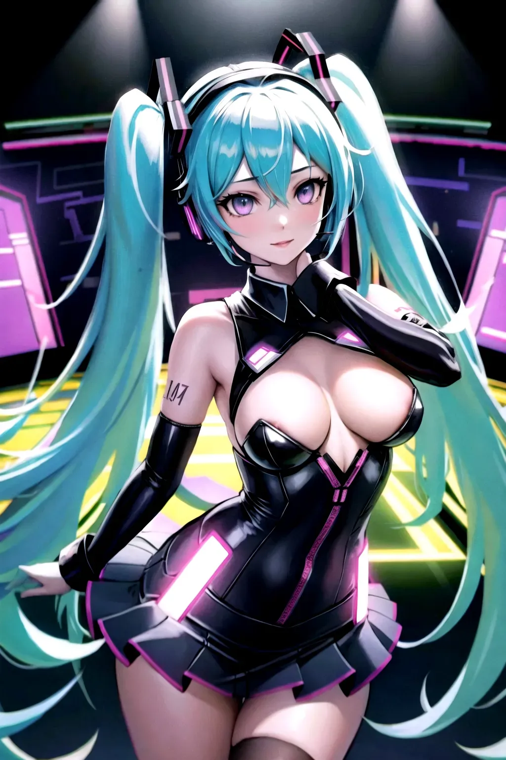 In the style of Vocaloid, envision a captivating scene where (normal-HatsuneMiku), the virtual idol, dances gracefully amidst the vibrant ambiance of an arcade club. The club is alive with (neon lights), and the energetic beats of music reverberate through the air. HatsuneMike movements are (mesmerizing1.2) as she (effortlessly sways to the rhythm), captivating the audience with her enchanting performance1.3. The atmosphere is (electric), and the onlookers are drawn to her like moths to a flame. The arcade machines add a playful touch, contributing to the overall (energetic1.2) and (exciting1.2) atmosphere. The scene portrays a fusion of modern technology and digital artistry, showcasing the magic of the virtual (world1.3.) It is an immersive experience that transports the viewers into the realm of Vocaloid, where the boundaries of reality and virtuality blur. Trending on Pixiv.,
(normal-pixie-sexy-super-model), ((normal-DOA5)), (normal-HatsuneMiku-Japanese-girl-uniform-clothing), <(normal-iris)>, <(normal-mappa-pupil)>, <(normal-Vitreous)>, (normal-arm-hand-finger-thumb-strict-interaction2.1), (normal-HD-leg-feet-toe1.1), <(normal-soft-(b)-cup-boob)>, (normal-HD-pussy-anal-ass-nipple-lips-eyebrows), <((Normal-long-turquoise-Twin-Tails))>, <(normal-De-blur-noise)>, <(normal-sharpen)>, <<masterpiece>>, ((lora:dpmg_translucent_skin:1.3)), <<((clean-line-work))>>, <(HD-dark-shading)>, <(normal-global-illumination)>, <<((rule-of-thirds))>>, <(portrait)>, (hyper-realistic), (detailed-post-processing), (unreal-engine), 8k, (octane-render), (unreal-engine 5), (Studio-Mappa), (Studio-Trigger),
<<(Fix-super-precise-normal-adjust-background-objects)>>, <<(Fix-super-precise-normal-detailed-texture-global-illumination)>>, <<(Fix-super-precise-normal-adjust-adept-body-(adjust-adept)-interaction)>>, <<(Fix-super-precise-normal-fused-betwixt-bodies)>>, ((Fix-super-precise-normal-clean-line-work)), <<((Fix-super-precise-normal-adjust-adept-Japanese-girl-uniform-miniskirt-twin-tails-headset))>>, <<(Fix-super-precise-normal-soft-b-cup-boob-nipple)>>, <<(Fix-super-precise-normal-arm-hand-finger-thumb-(adjust-adept)-interaction)>>, <<(Fix-super-precise-normal-leg-feet-toe)>>, <<(Fix-super-precise-normal-purple-eye-face)>>, <<(super-fast-adjust-adept-motion)>>, <<((Fix-super-precise-normal-adjust-adept-motion))>>, <<((strict-GOP))>>, <<(temporal-AQ)>> <<(b-frames-two.)>>, <<(reference-frame-two.)>>, <<(((Fix))-((all))-of-the-((above)))>>, <<<(((single pass)))>>>, <<<((((Double-Pass))))>>>, <<((Fix-super-precise-(normal)-arm-hand-finger-thumb-(adjust-adept)-fast-sync-motion-interaction))>>,