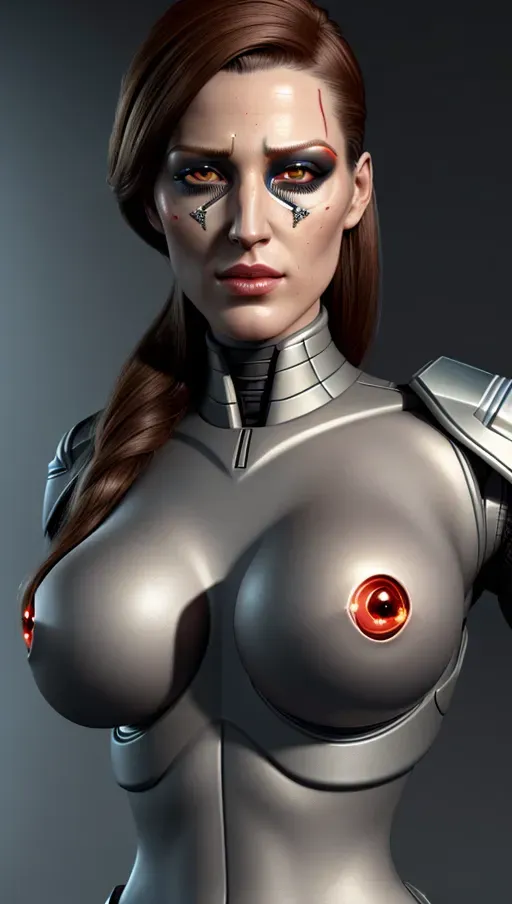 high quality, ultra realistic, masterpiece, detailed, detailed face and eyes, realistic, 1girl, (bionic eye:0.8), (baroc architecture:1.3), high rank military uniform with breasts and nipples exposed, digital painting, glowing grim red