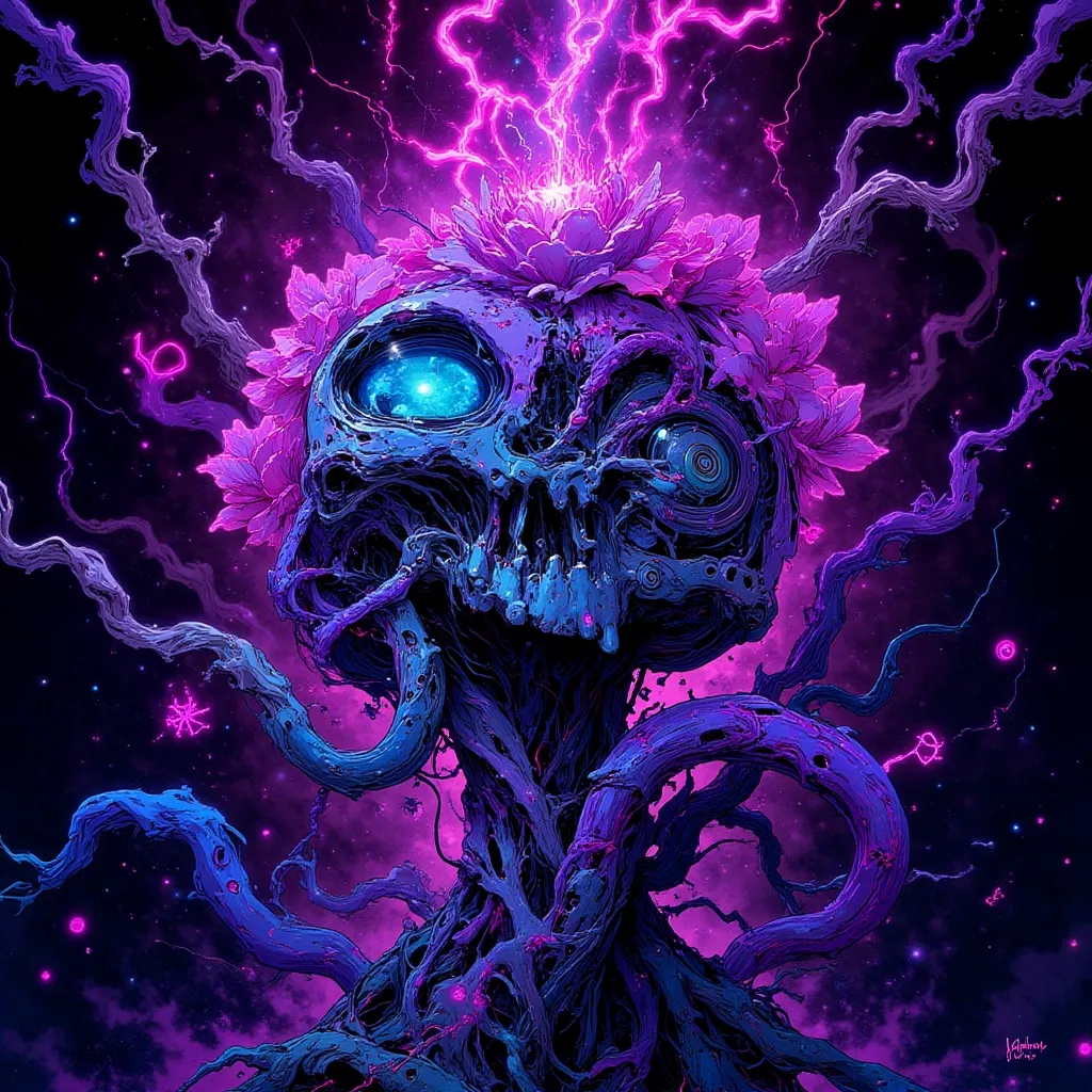 VibrantlySharp style,
animeniji,
3pic_vist4,, A biomechanical skull draped in velvet tendrils, its cranium split open like a blooming flower. From the center erupts a twisting root system of glowing purple veins, weaving through decayed circuitry. Its eye sockets emit fractured beams of pink lightning, warping the space behind it into blooming symbols.
,