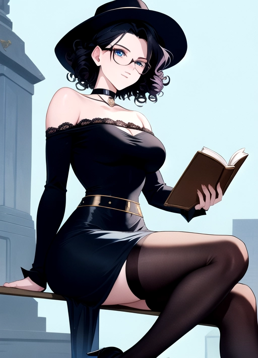 ((90s anime)), (masterpiece), absurdres, smooth, soft lines, soft edges, perfect edges, (soft lighting), (soft glow), perfect anatomy, detailed background, hair with great details, perfect eyes, perfect face, ((calm expression)), rounded face,
Dark lipstick, smiling, full body view, goth woman sitting on park bench reading book,
((Black hair)), ((short curly hair)), pale skin, ((short stature)), ((medium breasts)), blue eyes, black eye liner, hoodie, long skirt, wide hips, narrow waist, lace stockings, glasses, choker, thick thighs, hat,