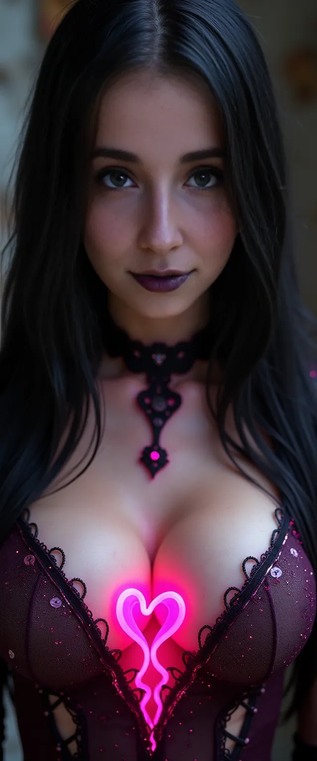 best quality, (((ultra high res))), (((big black corrupted symbiote choker))), jewelry, (conjuring), witch, ((((((black lipstick)))))), ((black long sleeves)), (((pink glowing))), (((demon mark))), (((succubus girl))), (((hourglass body))), (((((very huge giant tits))))), (((((very huge giant boobs))))), (((naughty teasing))), ((very long straight hair)), (((sinister gaze))), ((mischievous)), ((((very very long straight hair)))), ((straight hair)), ((((((((very very huge tits)))))))), (((((very ample cleavage))))), (((((huge assets))))), (((((((black hair))))))), (pink glowing heart), light and airy, bright, pink hearts, ((((((((very tight pink sparkling top)))))))), ((((((((closeup)))))))), ((((((((((very very enormous huge tits size)))))))))), (((((enormous ample cleavage))))), fur, ((very tight see through lingerie)), (((((((very tight pink sparkling bodysuit))))))), (((((((face closeup))))))), (((tendrils on suit))), ((((very tight black corrupted corset)))), corrupted symbiote choker, ((((pink sparkling bodysuit very tight)))), ((((((black tight corset)))))), ((((((black corset)))))), ((((((face very close)))))), push-up bra, (demon horns)