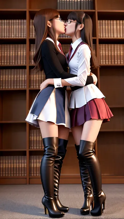 4girl librarian.passionate kissing embrace,legs wrapped around,short pleated skirts, knee high boots stiletto, natural accurate faces, corresct proportions, fitted satin blouses