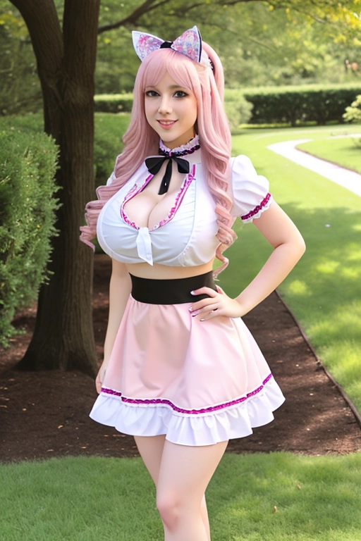 long hair, pale skin, pink hair, blue eyes, black choker, giant H-cup breasts, wavy hair, maid uniform, smiling, full body photo, 28 years old, miniskirt, cleavage, high heels