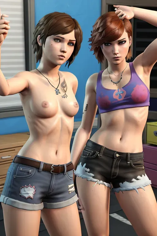 life is strange video game character girls, in their room posing for selfies (best graphics)topless, cel shading, they have mowhawks and stick tongue out, punk style (chloe price with mowhawk) (3d effects) mowhawk hair, mowhawk hair style altered, wearing cut off shorts showing ass (unreal engine) fat asses, focus on ass hangin out of shorts, super details