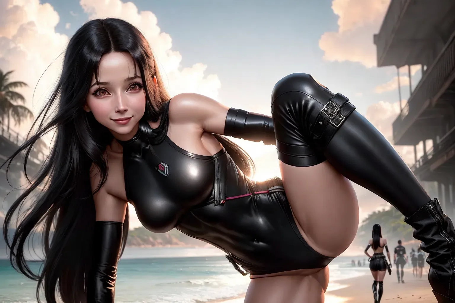 a concept art of (((20 year old Lisa Kudrow)))(accurate face)((Mischievous smiling expression)(standing over POV))((stepping on POV))((Head slightly tilted to one side)),(as a race queen)(at a beach racetrack), show full body, (wearing a sleeveless legless wetsuit)(wearing a leather officers cap)(wearing knee high buckle boots), sexy standing pose,(very small breasts)(slender athletic figure), five slender fingers, (very long straight hairstyle)(blunt bangs)(Black hair), beautiful face,beautiful lips,detailed large eyes,curved eyebrows,cgsociety,cinematic lighting,studio lighting,professional,editorial,<lora:dpmg_crazy_expression:0>