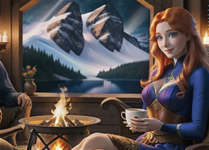 Beautiful sapphire eyed auburn haired Queen Anna of Arendelle enjoying a large mug of hot chocolate with marshmallows smiling and sitting by the fire in a ski lodge.