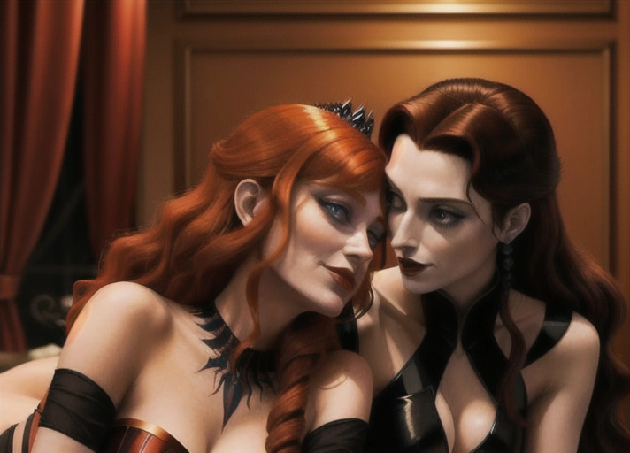 midnight in the luxury penthouse suite at Hotel Transylvania, Beautiful long auburn haired with large deep blue eyes Queen Anna of Arendelle in elegant black gothic style posing hypnotized, in the hungry embrace of her new vampiric very pale short black haired friend Mavis with a blood thirsty smile from Hotel Transylvania convincing Anna to join her as a vampire. photorealistic. photorealistic.