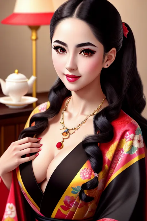 a color pencil draw of,a venezuela girl,wearing kimono,in a tea party,small breasts,five fingers per hand,fishtail hair,beautiful face,beautiful lips,black eyes,curved eyebrows,pale skin,joyful,wearing necklace,professional,pixiv,smooth,surreal,studio lighting