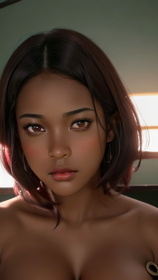 A high resolution photo shot of ultra detailed, ultra detailed skin, Adult black woman, masterpiece, (realistic, photo-realistic:1.37), gorgeous round face, brown eyes, rosy cheeks, dark skin, ((short black stylish hair with dyed red tips)), heavy blue eyeshadow, tattoos, nude, large breasts, thin eyebrows, bright pink lips, highly detailed skin textures, highly detailed eyes, blank green background, heavy body, wide round face, ((chubby cheeks)), professional photograph, dramatic lighting, completely nude