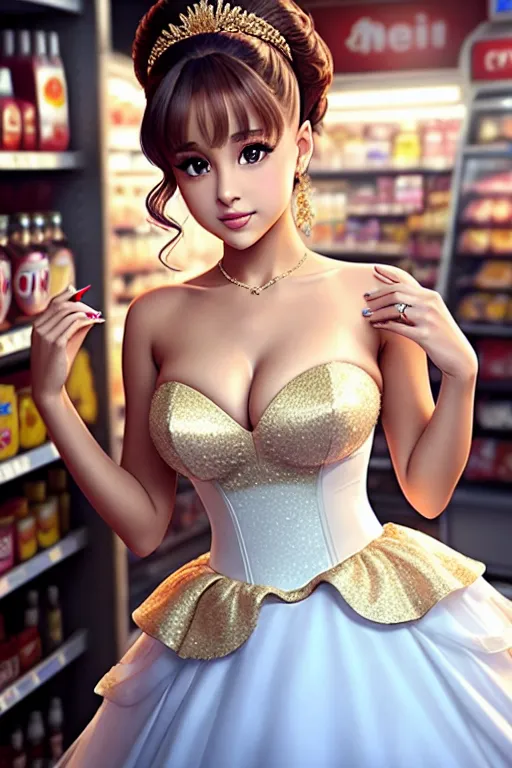 a digital art of,ariana grande,wearing wedding dress,at the convenient store,big breasts,five slender fingers,short thick hair,gorgeous face,beautiful lips,blue eyes,curved eyebrows,textured skin,cosy,wearing golden ring,pixiv,bokeh,unreal engine,sharp focus,smooth