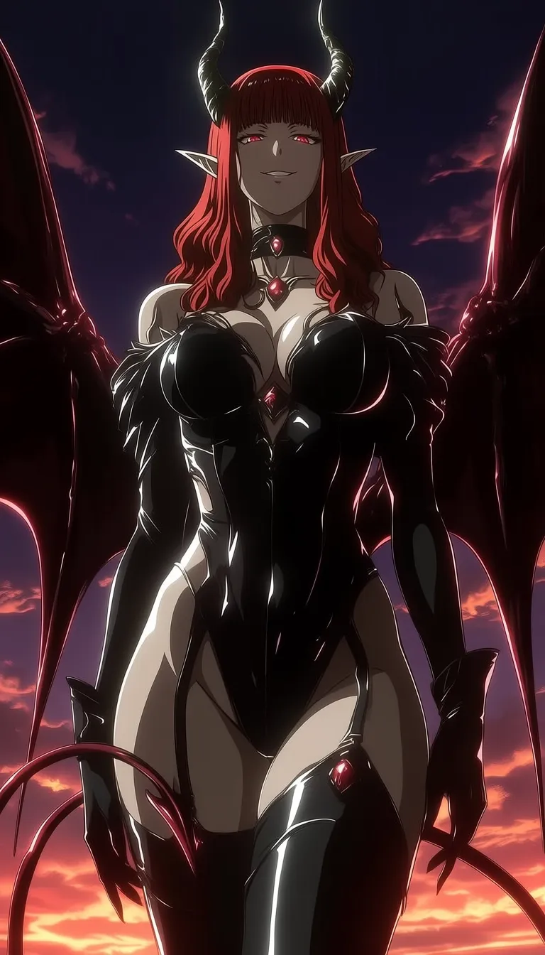 dark_art_style, 1girl, solo, red hair, long hair, wavy hair, red eyes, elf ears, pointy ears, horns, demon horns, wings, bat wings, tail, demon tail, looking at viewer, confident, seductive, smirk, standing, front view, centered, symmetrical, bodysuit, black bodysuit, latex, glossy, tight clothing, high cut, cleavage, off shoulder, long sleeves, gloves, choker, jewel, thighhighs, fantasy, demon, succubus, dark fantasy, sky, clouds, sunset, purple sky, dramatic lighting, cinematic lighting, high contrast, anime style, detailed, high detail, masterpiece, best quality