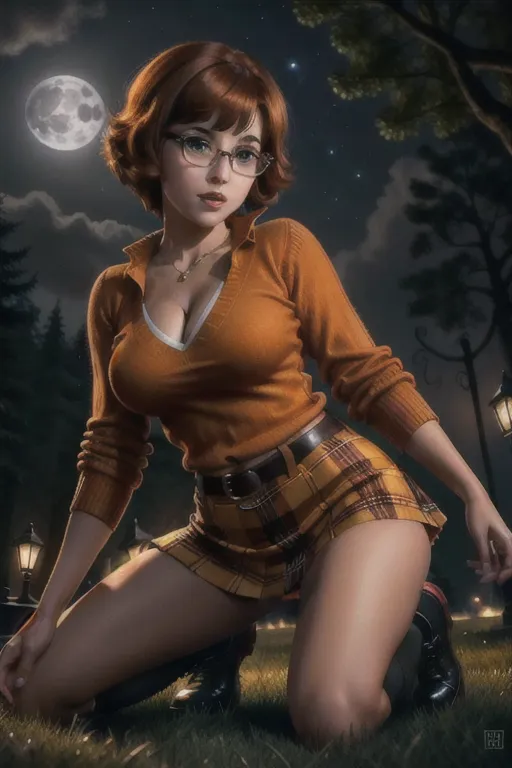 Photo of velma from scooby doo, young woman, wearing an orange sweater, wearing a plaid miniskirt, wearing knee high socks, looking at away from Camera, beautiful face, beautiful eyes, small pupils, short brown hair, big plump breasts, ((lifting up her shirt to expose breasts)), in dark cemetery, at night, full moon, volumetric lighting, focused, crawling on all-fours, upskirt, fingering pussy, erotic