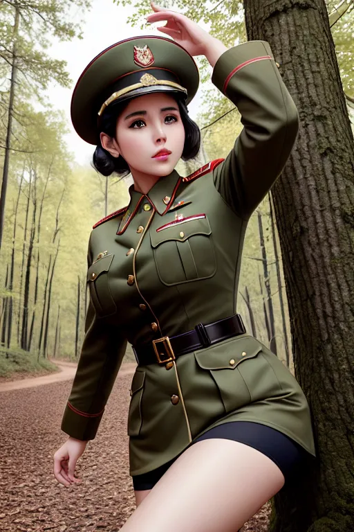 a photograph of,iu,wearing soviet uniform,doing sexy pose,in the forest,big breasts,five slender fingers,charming face,beautiful lips,blue eyes,curved eyebrows,curved eyelid,textured skin,wearing golden ring,surreal,highly detailed,pixiv,editorial,ultra realistic
