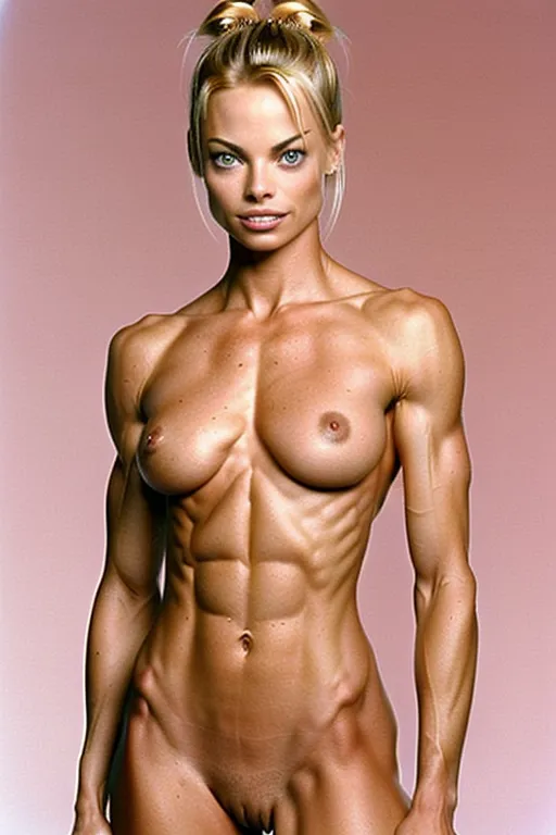 A very fit 20 year old fully naked Jaime Pressly, look of pleasure on her face, pushing her abs out, very low body fat, extremely lean body, perfect body, showing her vagina, standing on the set of a late night talk show in 1998, fully nude, spreading her legs, perfectly shaped breast, blonde hair, spreading her legs wide open, hair bun