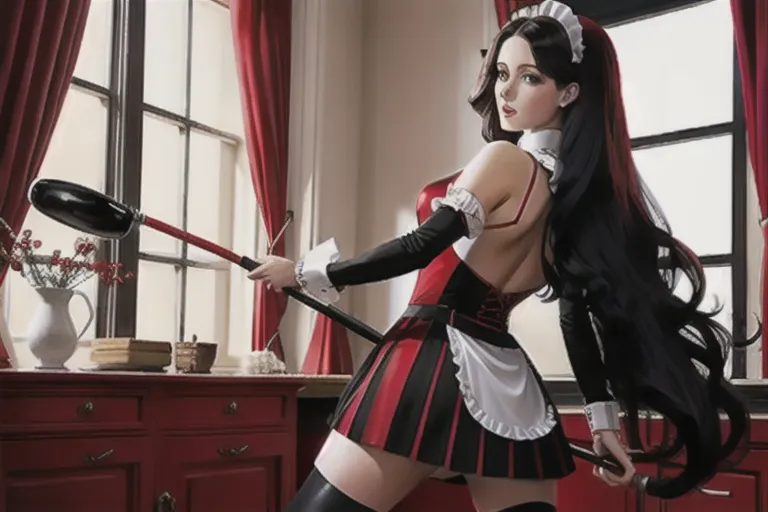 half naked,maid,red and black uniform,whip,legs open,long hair,back room