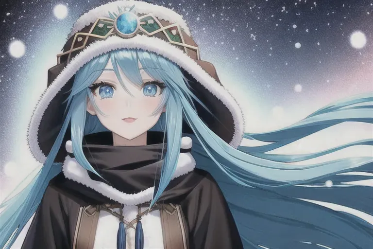 druid girl, human , long blue hair, ice colored eyes, whiskers drawn on her chiks, winter outfit