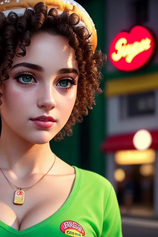 a photograph of,a french girl,wearing burger clothes,dancing,at the convenient store,five fingers per hand,curly hair,gorgeous face,beautiful lips,green eyes,curved eyebrows,curved eyelid,pale skin,satisfaction,wearing necklace,surreal,ultra realistic,cinematic lighting,8k,bokeh