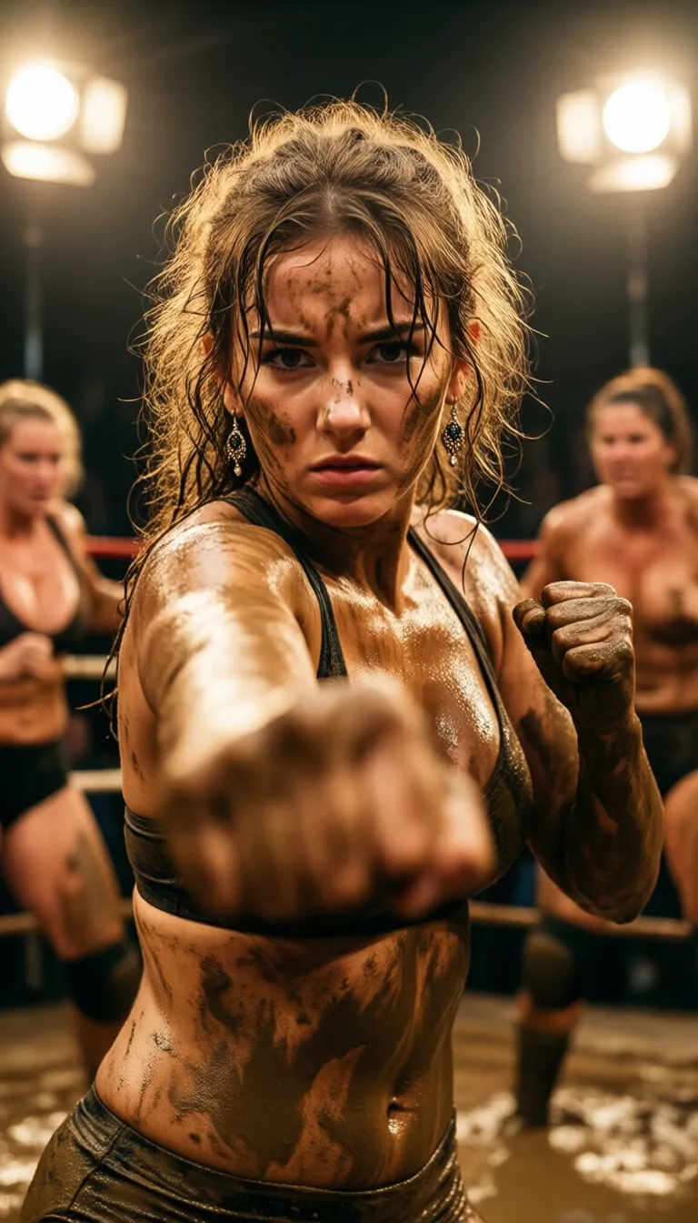 (1 hot woman (22 years old) (((naked nude))) (covered with mud) is fighting the viewer in an arena during a mud wrestling match. She looks pissed off. With her fist clenched and her arm drawn back, she is poised to strike the viewer. She is illuminated by the bright light of the spotlights. Mud on her face, (mud on her breasts), mud on her arms, mud on her stomach. Messy blonde hair with mud. Awesome c-cup breasts. Mud on her ass, mud on her shaved pussy.)
(Close-up).
Naked women on the ring in background. Spotlights in background.
Warm colours. Strong shadows.