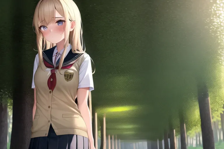 a girl, low point of view, school uniform, cinematic lighting, forest, sweat, 1girl