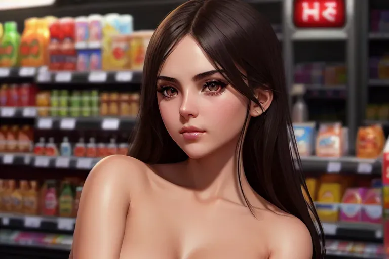 a concept art of,a russian girl,naked,kneeing,at the convenient store,five slender fingers,silky hair,charming face,beautiful lips,detailed large eyes,curved eyebrows,romantic,tattoo,studio lighting,artstation,ultra realistic,sharp focus,pixiv