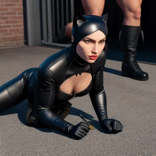 (((Realism))),Realistic body, realistic face, (((ultra-realism))), Catwoman attacked by thugs, captured, tied up, torn clothing, forced, begging, 8k