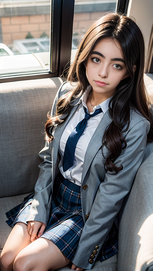 1girl, 17yo, latina, long brown hair, curly hair, schoolgirl, school uniform, white blouse, gray skirt, gray tie, blue jacket,
long shot, wide shot, view from above,
sitting on couch, evening, sunset,