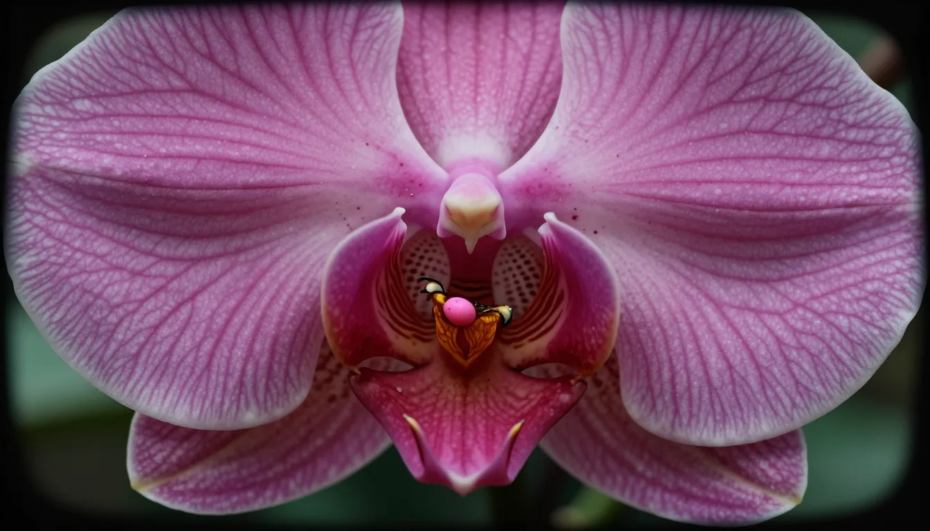 A close-up HD picture of Dewy pink pristine pink orchid vagina-flower. just below sprouts a little pink pouting puckering rosebud anus-flower swollen and ready, while lustful penis-insects try to impregnate them deeply with their penis-like proboscis