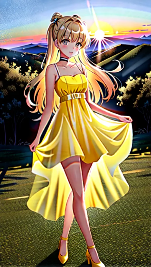 a 8k high resolution photo of ariana grande, ((outside on a hill)), highly detailed, beautiful face, beautiful eyes, beautiful small breast, full body shot. Medium shot.
Yellow sun dress, ((sheer dress)), silhouette of body through dress.
Standing on hill looking at the camera with ((legs spread apart))
cinematic lighting, sunset, sun setting behind her
