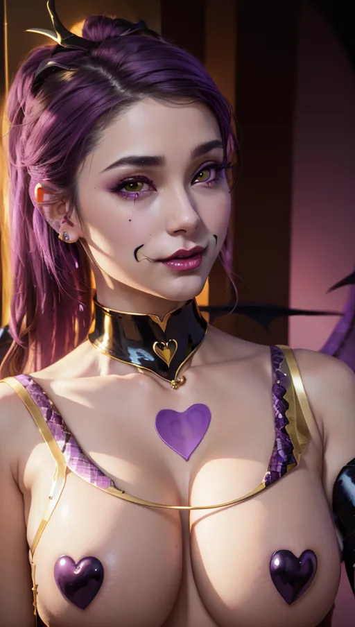 best quality, (((ultra high res))), (detailed face and eyes), hearts, perfect face, heart choker, golden earrings, jewelry, purple glowing heart, black latex, purple heart necklace, (topless), (((succubus))), horns, tail, snake coiling, perfect tits, (huge tits), (golden snake), ((heart nipple patches))