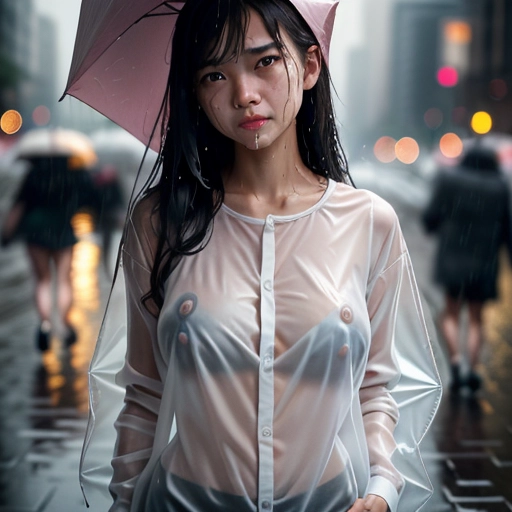 A girl, in the rain, wet clothes, transparent shirt, transparent, holding bag, frowning, wet, can see genitalia through clothes, no underwear, no bra, nipples visible, can see breasts through clothes, embarrassed, accidental, fully clothed, pixiv, bokeh, perfect lighting, depth of field, play of light, absurd res, candid, emotive photography
