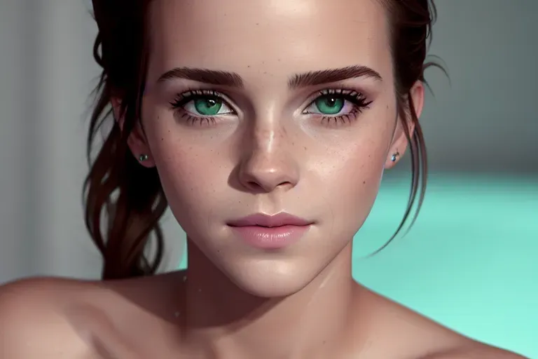 a photo shot of, Emma Watson,naked,kneeling,five slender fingers,ponytail,beautiful face,drops of white goo,beautiful lips covered in white goo,green eyes,curved eyebrows,romantic,open gels,smooth skin,artstation,professional,8k,cgsociety,surreal
