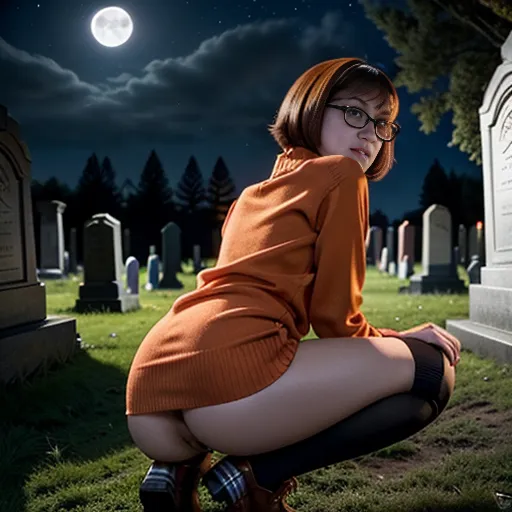 Photo from behind of, velma from scooby doo, young woman, wearing an orange sweater, wearing a plaid miniskirt, wearing knee high socks, looking at away from Camara, beautiful face, beautiful eyes, small pupils, short brown hair, in dark cemetery, at night, full moon, volumetric lighting, focused, crawling on all-fours, upskirt, fingering pussy, erotic