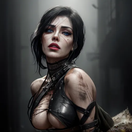 post-apocalyptic raider woman, beautiful, wearing an outfit of black leather straps, fishnet and lace, black hair, bloodshot eyes, portrait, showing cleavage and underboob, digital art, wet wash, wet brush, watercolor, oil on canvas, photoillustration, dystopian, plump lips, oiled skin, scarlett johannsson, detailed eyes, pretty face, dirt on skin, smeared eyeliner