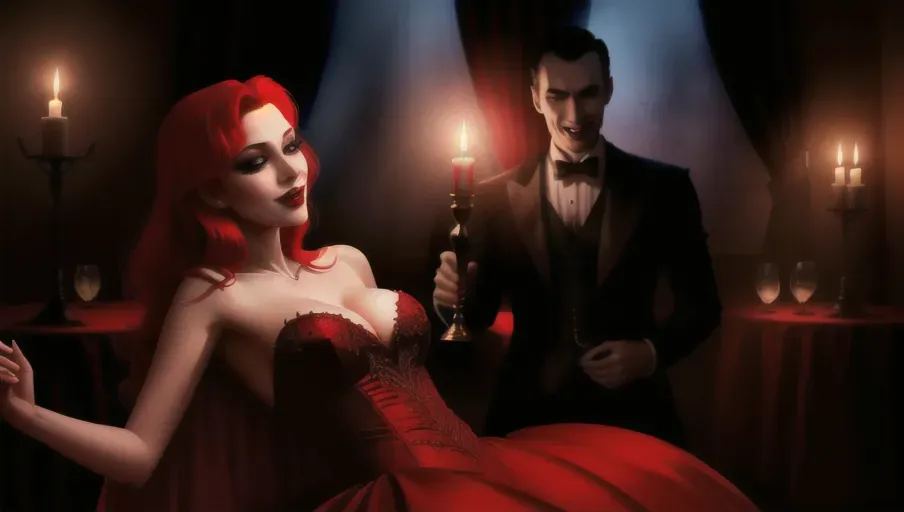 medium shot of the sexy vampire vixens of Dracula hungerly at an erotic party with their redheaded hypnotized victim. Drinking, dancing, kissing, seducing their hypnotized victim, placing upon her head a shadowy veil. on a foggy moonlit night in the shadowy ballroom of a decerped old castle. Beautiful redhead still human victim early mid-thirties moderate breasts good sweet innocent, big soft round eyes, warm smile Anna of Arendelle in an elegant Nordic ballgown.
photorealistic. High resolution