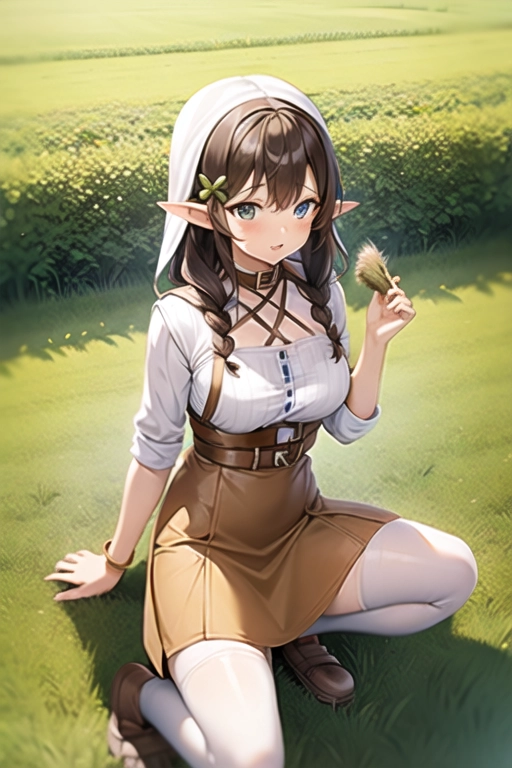 1girl, elf girl, brown hair, hot, cute, sexy, medium breasts, fully clothed, milk maid, (((farm girl clothes))), medieval village, (((grassy field)))