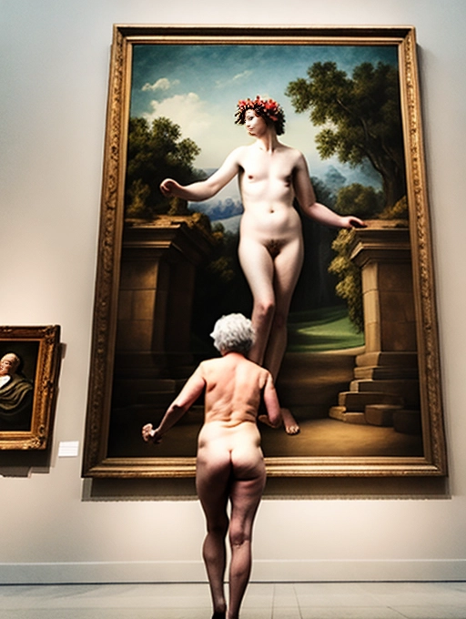 naked mature middle aged lady is casual as a naked tour guide at an art museum