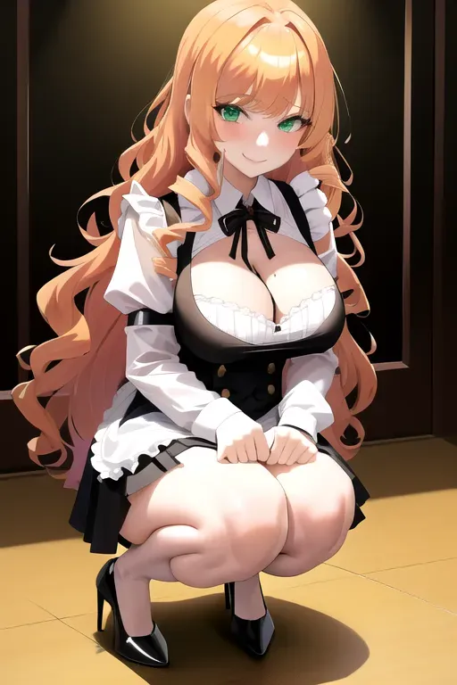 <lora:dpmg_skirt_tug:1>, 1girl, clothes tug, strawberry blonde hair, green eyes, black maid uniform, bar, pale skin, giant breasts, high heels, serving drinks, long hair, wavy hair, masterpiece, best quality, highly detailed, smiling, pov, looking at viewer, miniskirt, showing cleavage, realistic, erotic, squatting
