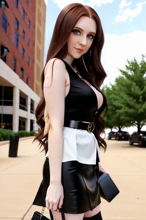 full body, chestnut hair, green eyes, short girl, black miniskirt, black high heel boots, looking at viewer, long hair, pale skin, black necklace, black blouse, 24 years old, giant breasts, cute face, pov, wavy hair, city environment, Oklahoma City