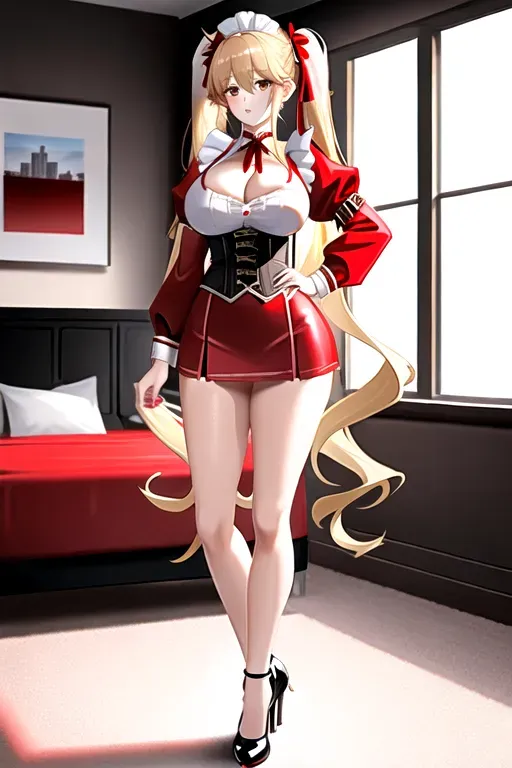 long blonde hair, brown eyes, pale skin, giant breasts, red maid uniform, showing cleavage, bedroom, pov, looking at viewer, miniskirt, black corset, high heels, overlooking city, 4k, 25 years old, full body photo, choker, low pigtails