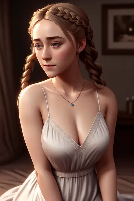 a illustration of,saoirse ronan,wearing nightgown,all-fours,big breasts,five fingers per hand,braids hair,gorgeous face,beautiful lips,curved eyebrows,curved eyelid,smooth skin,romantic,wearing necklace,unreal engine,ultra realistic,8k,artstation,studio lighting