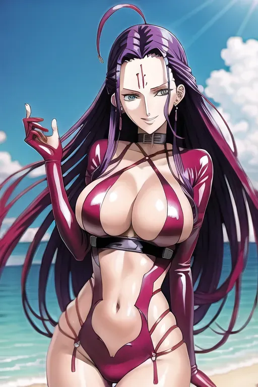 dpmg_onepiece_robin_v1, skin tight latex suit, red skin with devil horns, chained up, in a prison cell