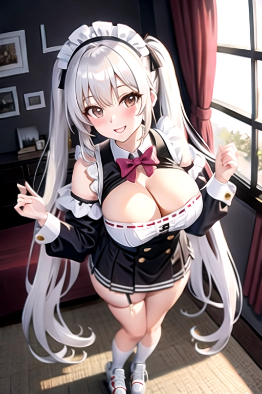 8k quality, brown eyes, pale white skin, white hair, giant breasts, cleavage, looking at viewer, pov, long hair, wavy hair, standing in bedroom, maid uniform, roller skates, miniskirt, pigtails, full body photo, smiling