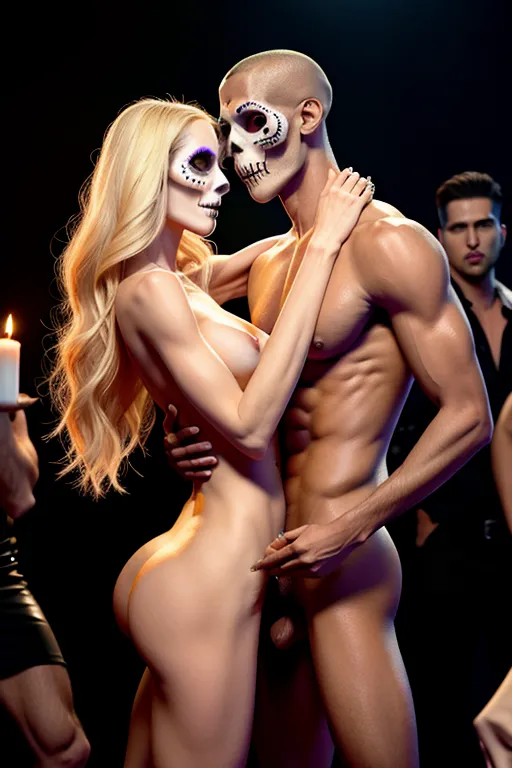 Skinny Blonde Caucasian supermodel with small breasts and pale skin having sex with black man at a crowded dia de Los muertos party, sexual embrace, completely naked, dark-skinned man, interracial sex, penetration, vagina, perfect vagina, vaginal sex, vaginal, erection, testicles, accurate penis, mating press, lifting off ground, dia de Los Muertos, photorealistic image, Highres, 8k, looking at viewer, medium close