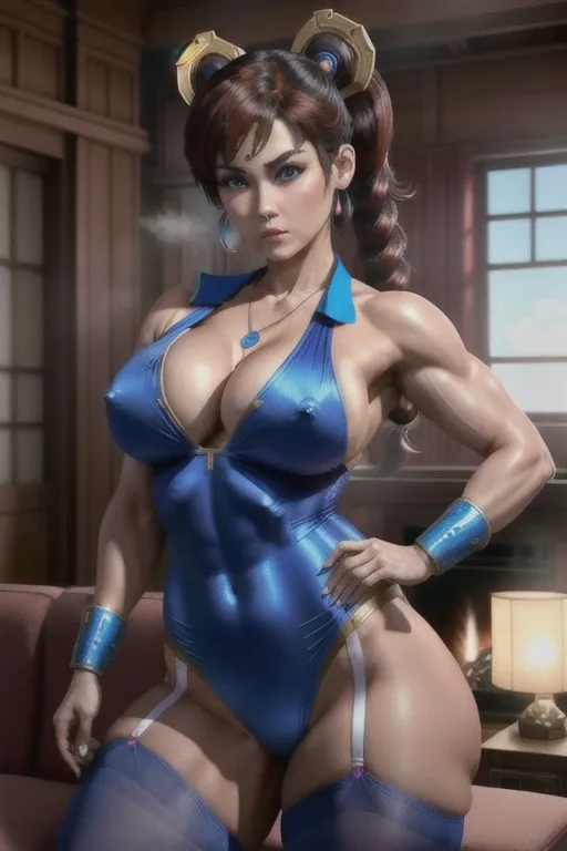 hi res, multicolor, Beautiful Chun Li, Chun Li hair do, nude (wearing sexy chun li uniform), (wearing stocking),living room, amazing breasts, showing cleavage, five slender fingers, gorgeous face, beautiful lips, blue eyes, curved eyebrows, thick eyebrows, curved eyelid, heavy makeup, textured skin, wearing necklace, highly detailed, sharp focus, artstation, film style, excited, Aroused,(one nipple out:1.2), fitness body