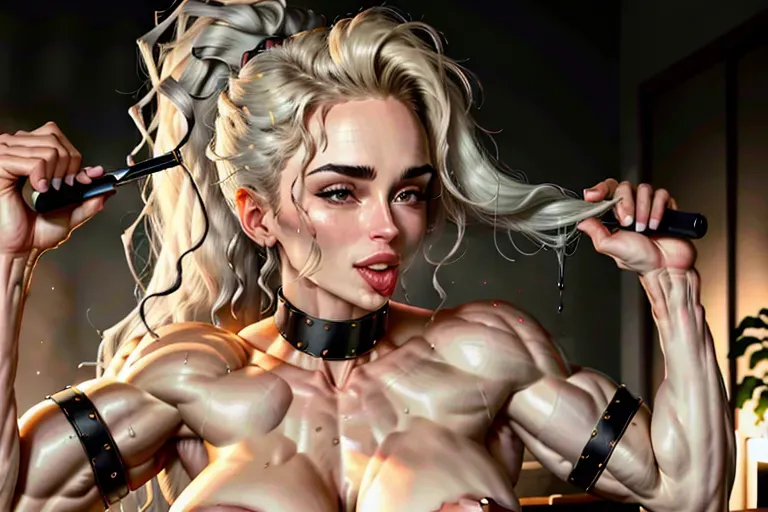 <lora:dpmg_licking:1>, sucking a big cock, veiny cock, <lora:dpmg_muscle_girl:1>, 30 year old, bad girl, fully naked, show boobs, show nipples, extremely fit and muscular shape, strong biceps, strong legs, veiny abs, veiny biceps, veiny breasts, flexing muscles, huge exposed tits, errected nipples, veiny breasts, sweating, curly hair, long blonde hair tied to a long ponytail that falls over the back, black neck collar, licking her own lips, passionate smile, massive lips, pointy npse beautiful face, satisfaction, charming face, lustful, curved eyebrows, erotic makeup, looking at the camera, having sex, sweaty sex, passionate sex, fucked constantly, professional, cinematic lighting, masterpiece, highly detailed, sharp focus